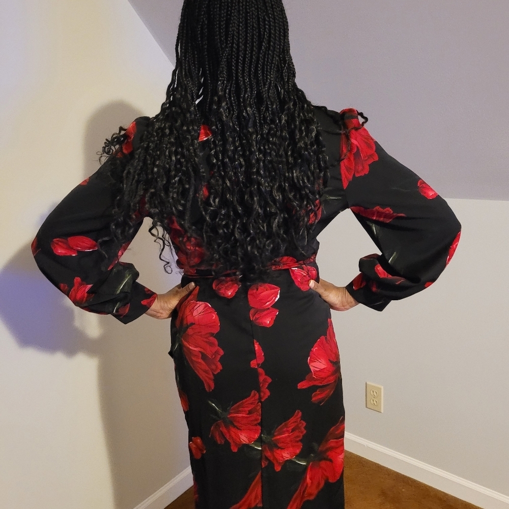 SHEIN Elegant Black and Red Floral Wrap Dress - Picture 2 of 3
